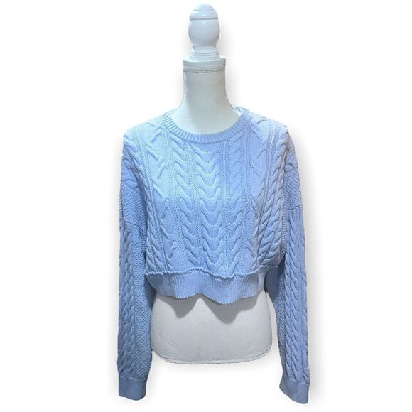 BABY BLUE OVERSIZED CROPPED CABLE KNIT CREW NECK SWEATER OS - Picture 1 of 9